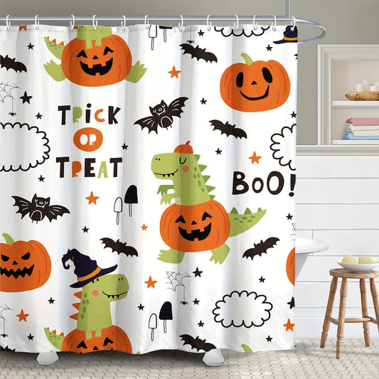 This eye-catching shower curtain features a playful, dinosaur-inspired pattern of jack-o'-lanterns and other festive Halloween designs. Perfect for adding a touch of trick-or-treat fun to any bathroom, this durable polyester curtain adds a unique touch to any holiday décor.