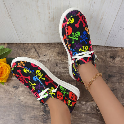 Women's Skeleton Pattern Shoes, Slip On Low-top Round Toe Non-slip Flat Lightweight Shoes, Casual Halloween Shoes