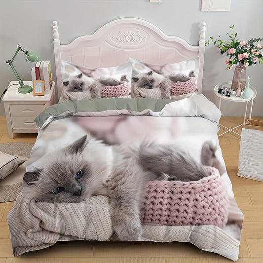 Introduce an adorable touch to your bedroom or dorm room with our Lovely Pet Cat Print Duvet Cover Set. Featuring a cute and playful kitten design, this bedding set is perfect for cat lovers and adds a charming and cozy feel to any space. Made from high-quality materials for ultimate comfort.