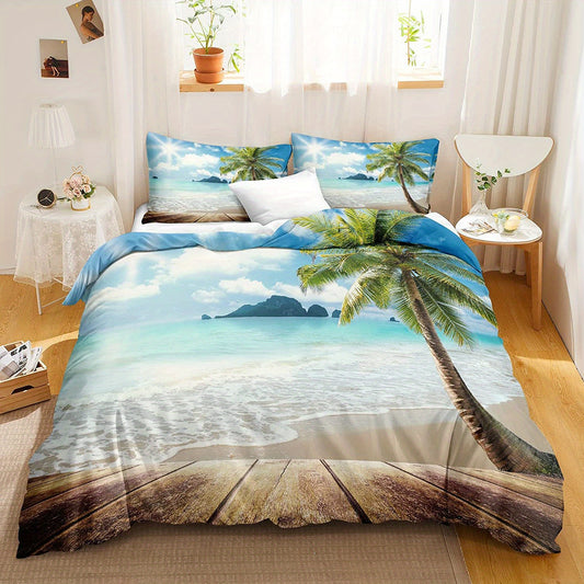 Enhance the ambiance of your bedroom with our Sunny Beach Palm Tree Duvet Cover Set. Adorned with tropical palm trees, it brings a touch of the beach to your space. Made of high-quality material, it offers a luxurious feel and adds a relaxing vibe. Transform your room into a tropical paradise with this set.