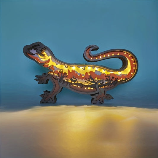 This stylish wooden art night light features an LED bulb, providing warm, ambient light. The beautiful laser-cut design featuring the CalWild Blunt-Nosed Leopard Lizard makes it an elegant décor choice for any home. The wooden frame and light source are both UL certified for safe use, making this charming Mother's Day gift both unique and safe.