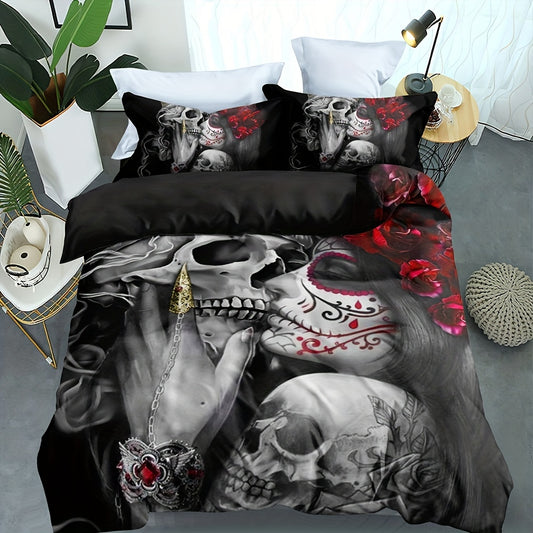 Skull Pattern Duvet Cover Set: Add a Gothic Touch to Your Bedroom Décor (1*Duvet Cover + 2*Pillowcases, Without Core)