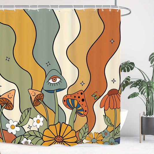 Colorful Mushroom Dance: Waterproof Polyester Shower Curtain with Hooks for Vibrant Bathroom Decor