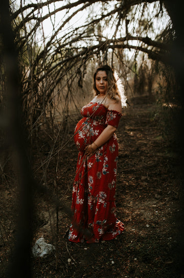 women's red and white floral print off-shoulder dress
