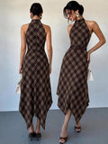Front and back views of the brown plaid halter dress showing its fitted waist and long asymmetric hem.