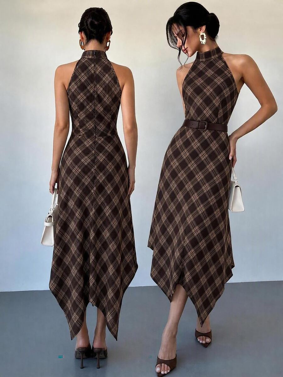 Front and back views of the brown plaid halter dress showing its fitted waist and long asymmetric hem.