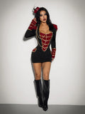 Full front view of women’s nutcracker soldier costume mini dress with braided bodice