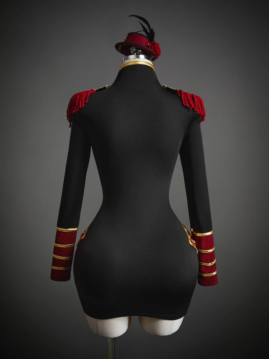 Rear detail of black long-sleeve nutcracker soldier costume dress