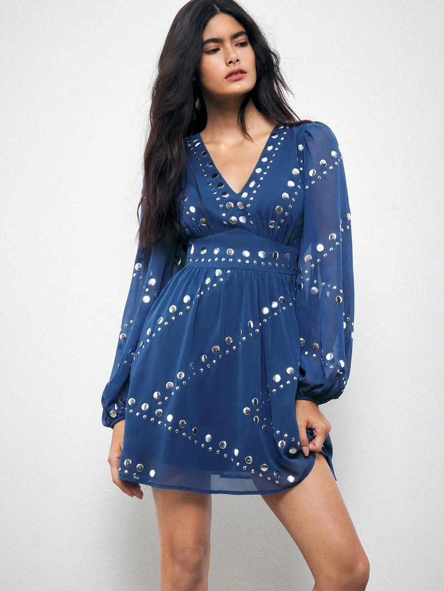 Navy Blue Short Dress with Metal Disc Detail for Parties