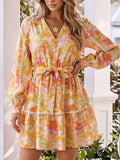 Floral long bishop sleeve mini dress with self tie belt