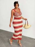 front full view of colorblock striped sleeveless knit midi dress