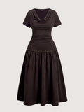 Product front view of dark brown cowl-neck midi dress with fitted bodice and gold-tone hip accents