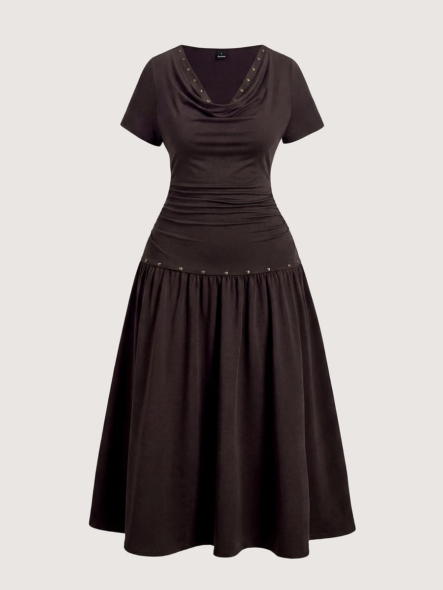 Product front view of dark brown cowl-neck midi dress with fitted bodice and gold-tone hip accents