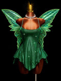 Front view of green fairy costume dress with layered translucent wings