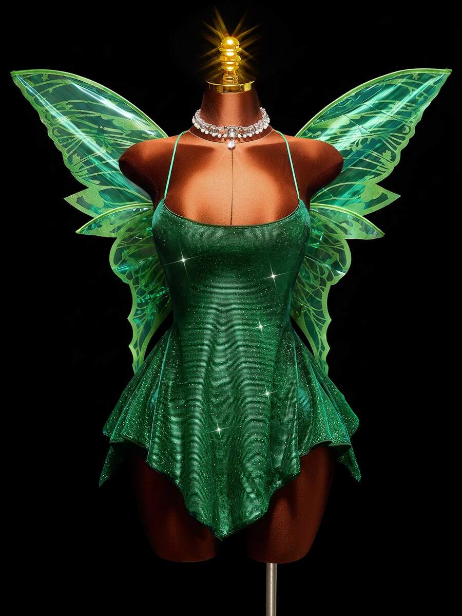 Front view of green fairy costume dress with layered translucent wings
