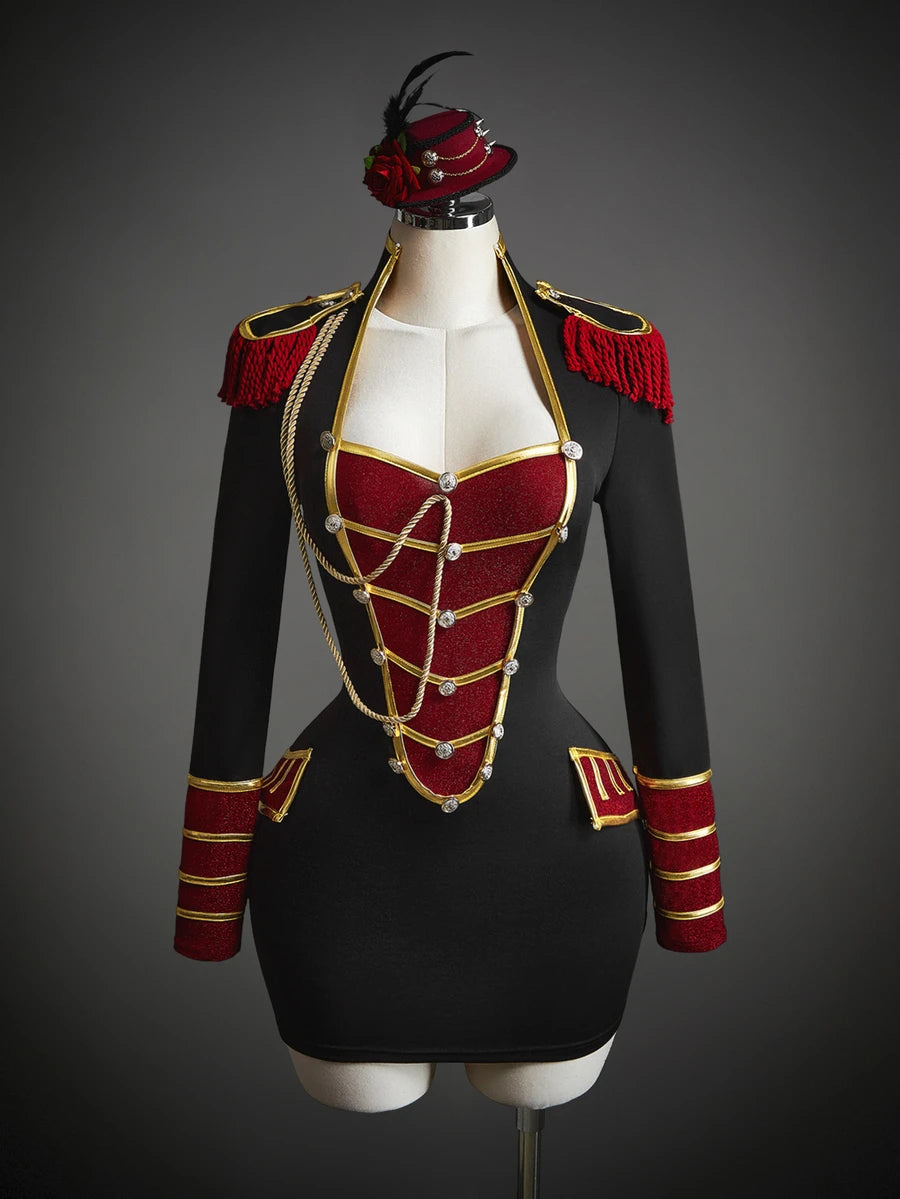 Front mannequin view of black red and gold military bodycon mini dress with fascinator shown