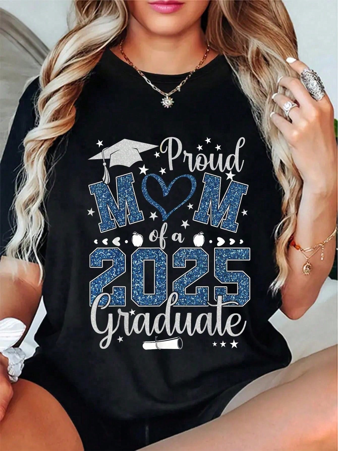 Proudly show off your child's accomplishment with this 100% cotton t-shirt for moms of Class of 2025 graduates. Perfect for senior moms, this shirt is both stylish and comfortable, a fitting tribute for all their hard work. Get yours today and join the proud mom club!
