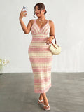 front full view of colorblock striped sleeveless knit midi dress