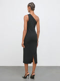 Chic Black Asymmetric Neck Mid-Length Dress with Urban Metal Studs for Stylish Night Outs 