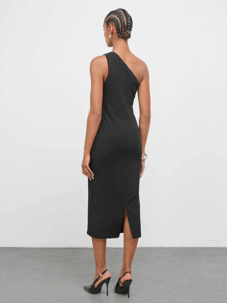 Chic Black Asymmetric Neck Mid-Length Dress with Urban Metal Studs for Stylish Night Outs 