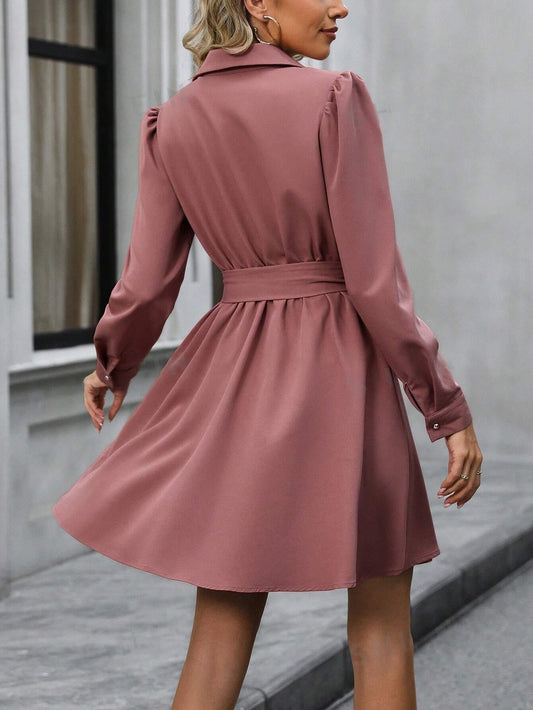 Flap Pocket Puff Sleeve Shirt Dress with Belt - The Perfect Blend of Style and Comfort