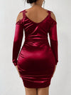 Elegance in Satin: Lace Patchwork Open Shoulder Bodycon Dress