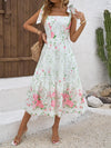 Summer Floral Charm: Hollow Embroidered Square Neck Ruffle Hem Dress