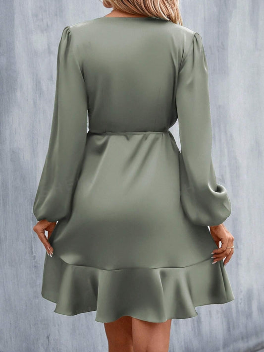 Women's Classic Lantern Sleeve Satin Dress with Ruffle Trim and Knot Side Detail