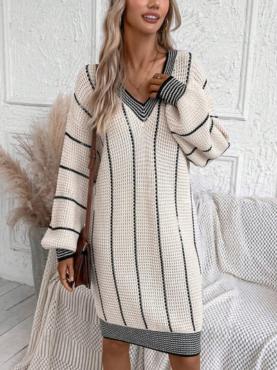 Cozy Chic: Striped Pattern Drop Shoulder Sweater Dress