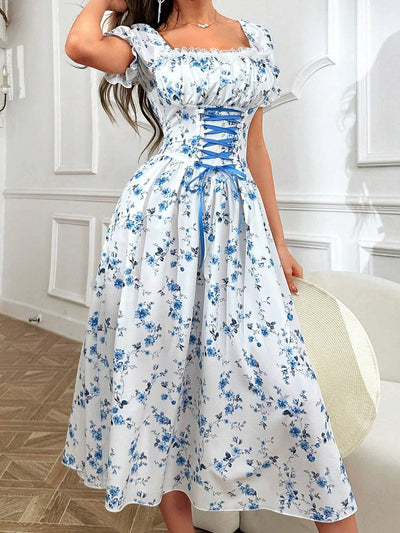 Vacation Style: Cinched Waist Puff Sleeve Lace Floral Patchwork Dress