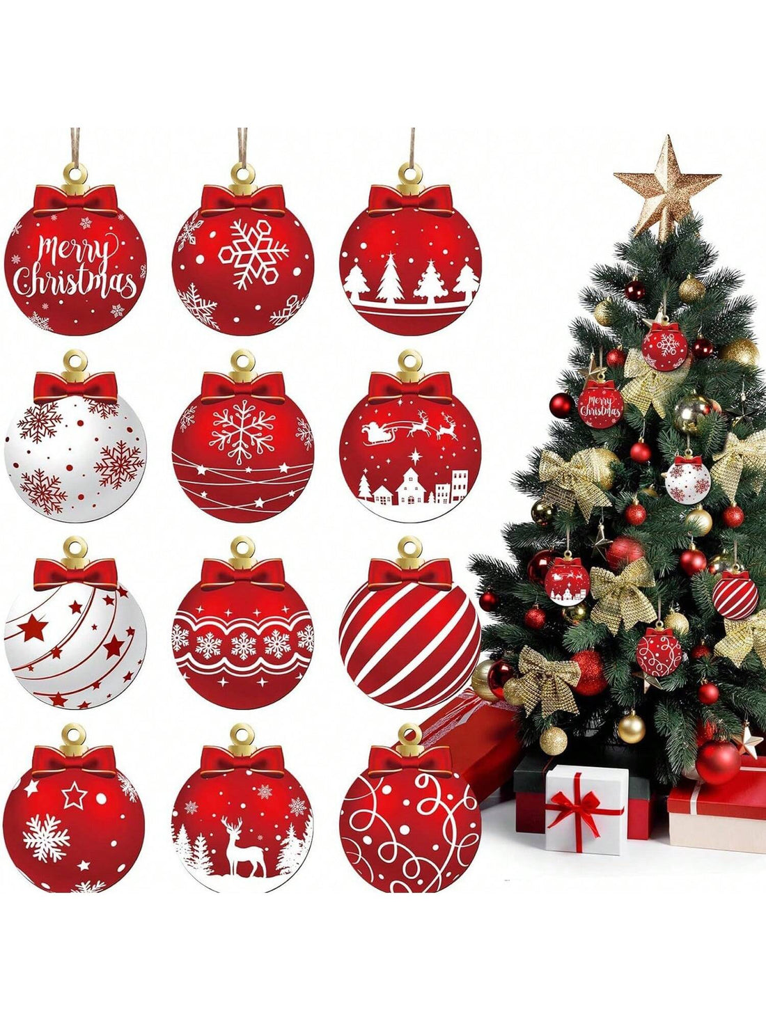 Crafted from eco-friendly materials, this 12-piece set of wooden Christmas tree ornaments adds a touch of nature to your holiday decor. Each ornament features unique designs, making your tree a one-of-a-kind display. Make the season more sustainable with this beautiful and charming set.