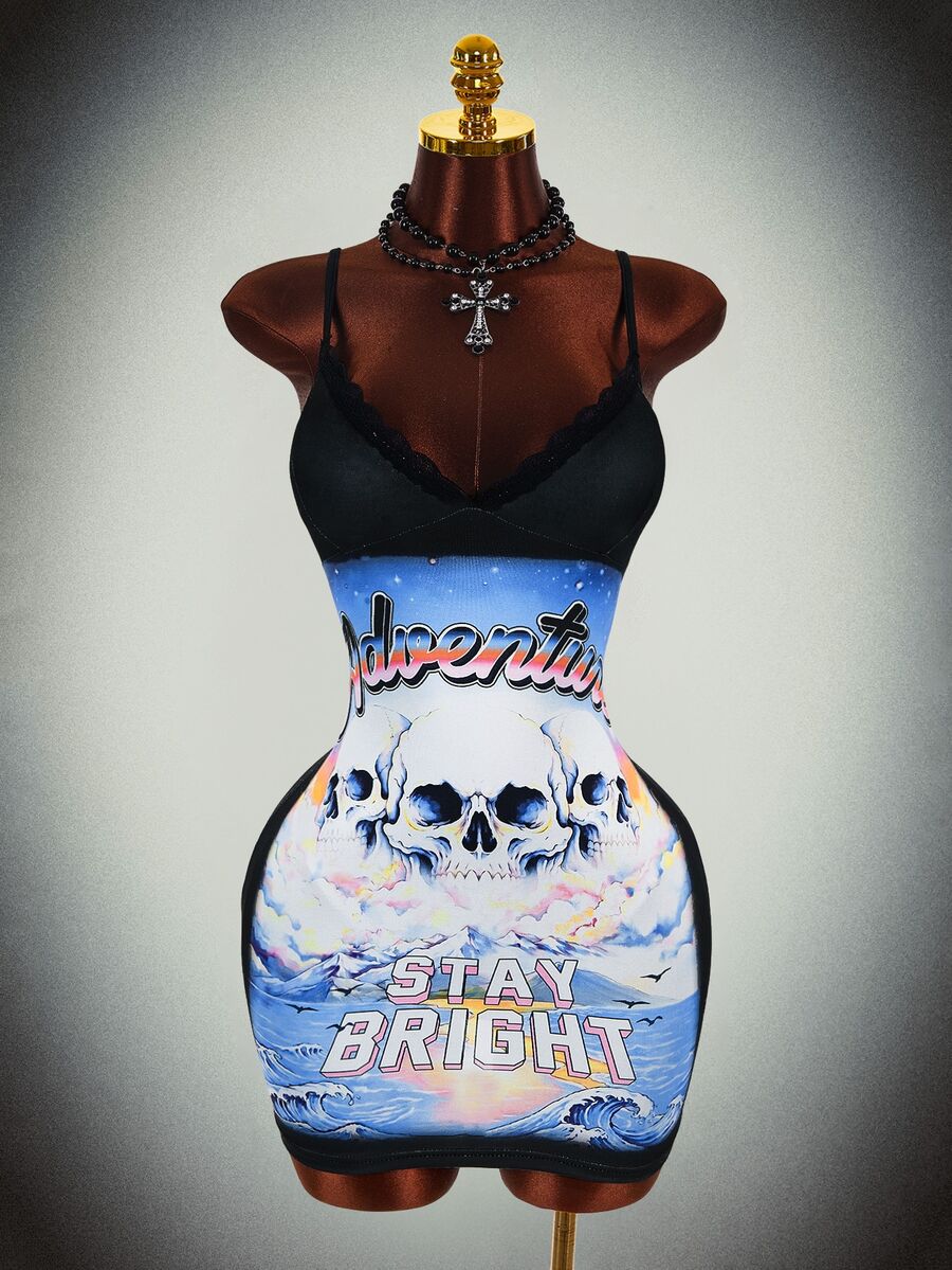 Angled view of black skull graphic cami bodycon mini dress
