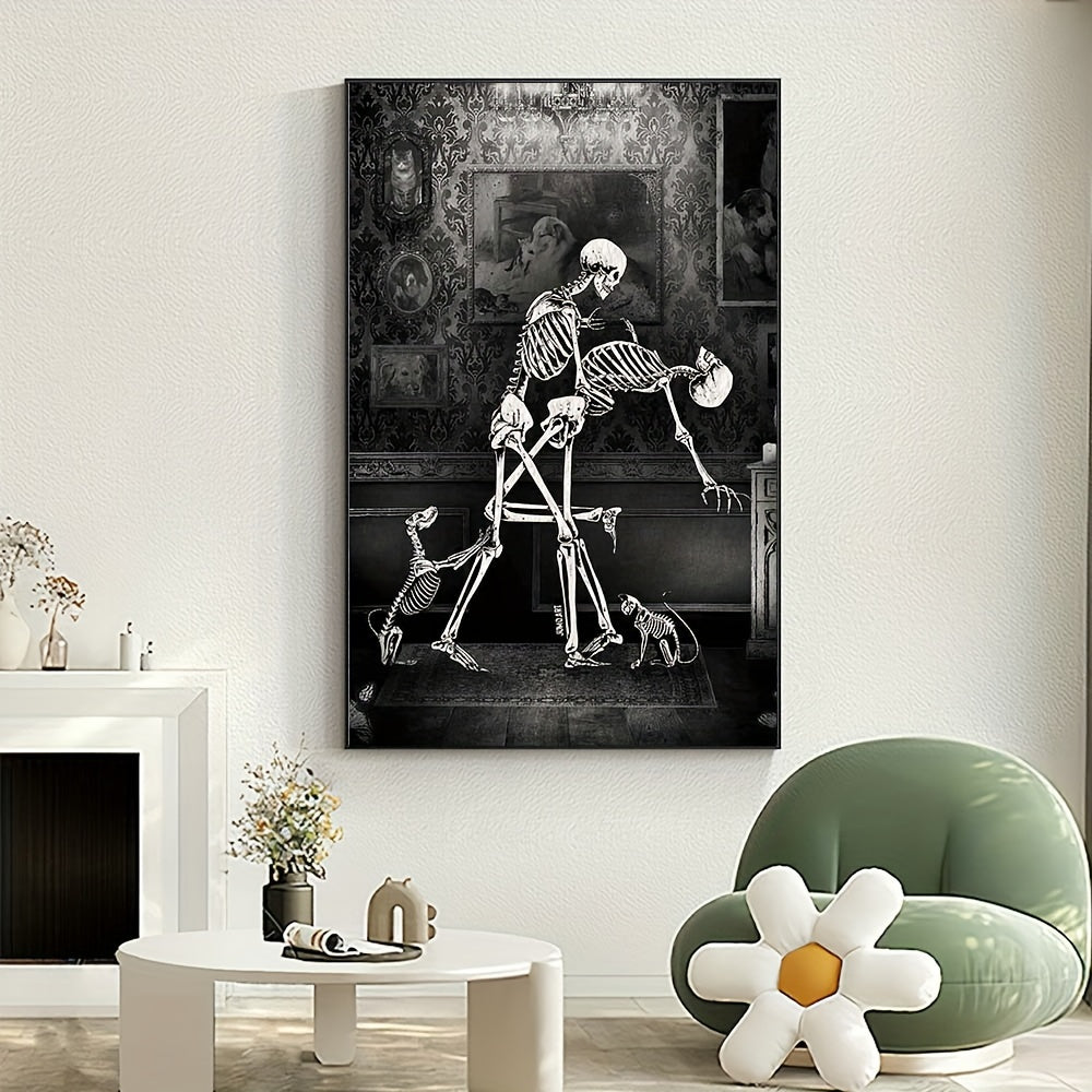 Add a spooky yet charming touch to your home with this Gothic Canvas Wall Art featuring a skeleton and its beloved pet companions. Perfect for Halloween and Valentine's Day, this high-quality art piece will make a unique addition to any room. Made with durable canvas material for long-lasting beauty.