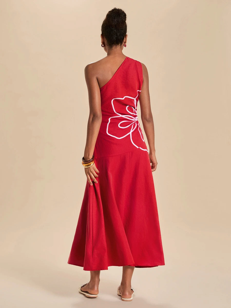 Front view of red one-shoulder embroidered midi dress with white floral outline and flared skirt