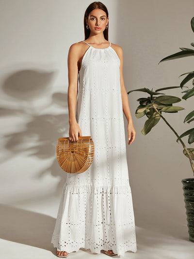 Chic Frenchy Hollow Embroidered Halter Neck Dress - Perfect for Effortless Elegance