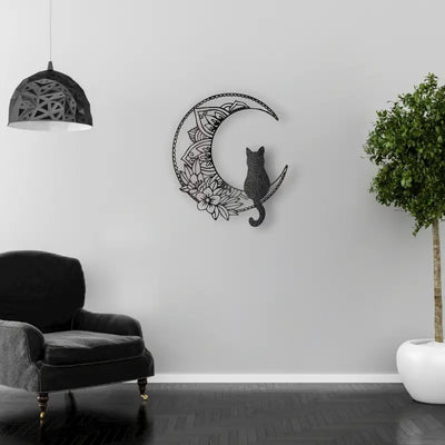 Cat and Moon Metal Art Sculpture: A Whimsical and Elegant Silhouette Decoration for Indoor and Outdoor Spaces