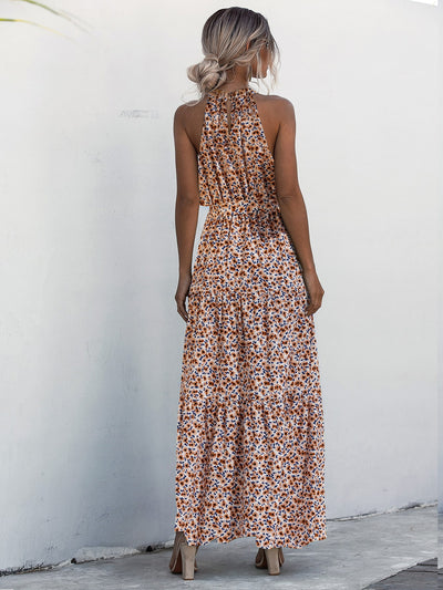 Tropical Escape: Allover Print Layered Hem Belted Halter Dress