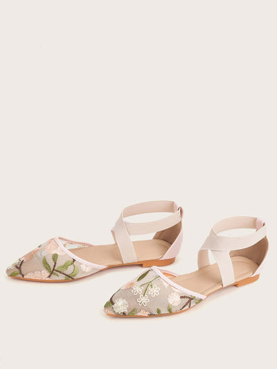 Chic Floral Embroidery Pointed-Toe Ankle Strap Flats for Effortless Elegance