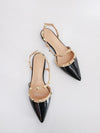 Chic Pointed-Toe Patent Leather Flat Sandals with Rivet Detailing and Buckle Strap