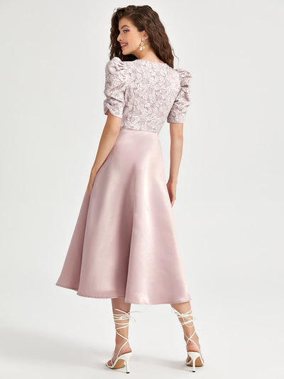 Floral Fantasy: Puff Sleeve Jacquard Bodice Dress