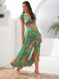 Tropical puff sleeve crop top and high-waist asymmetric slit skirt set