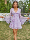 Bell Sleeve Floral Fantasy: Double Crazy Plunging Neck Chiffon Dress