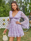 Bell Sleeve Floral Fantasy: Double Crazy Plunging Neck Chiffon Dress