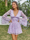 Bell Sleeve Floral Fantasy: Double Crazy Plunging Neck Chiffon Dress