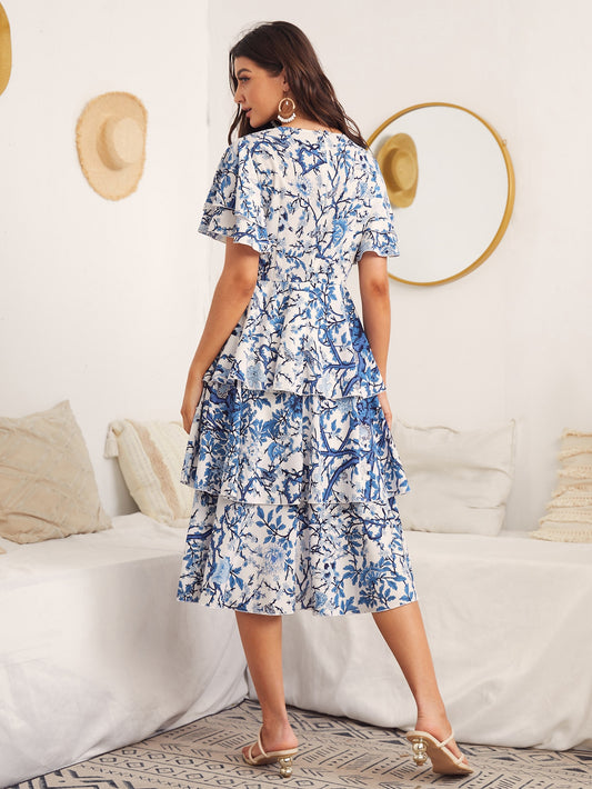 Fluttering Floral Beauty: Butterfly Sleeve Layered Hem Floral Dress