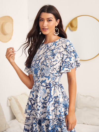 Fluttering Floral Beauty: Butterfly Sleeve Layered Hem Floral Dress