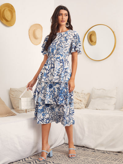 Fluttering Floral Beauty: Butterfly Sleeve Layered Hem Floral Dress