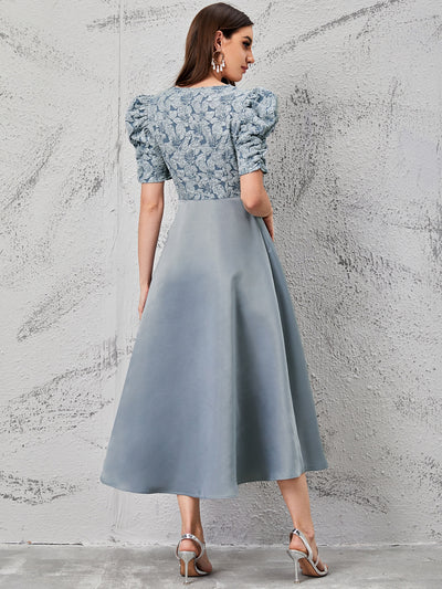 Floral Fantasy: Puff Sleeve Jacquard Bodice Dress