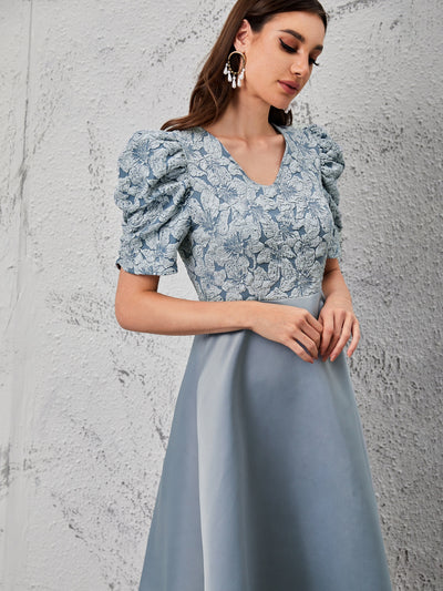 Floral Fantasy: Puff Sleeve Jacquard Bodice Dress