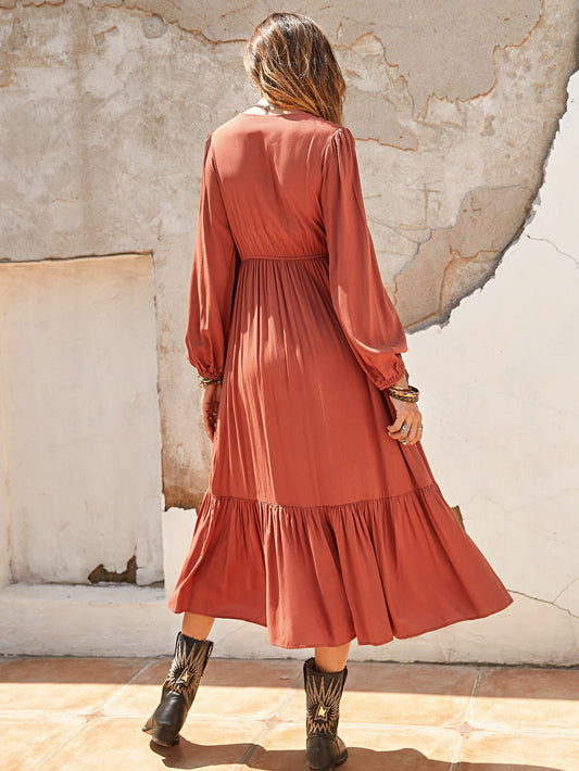 Lantern Sleeve Styled: Half-Button Dress with Ruffle Hem